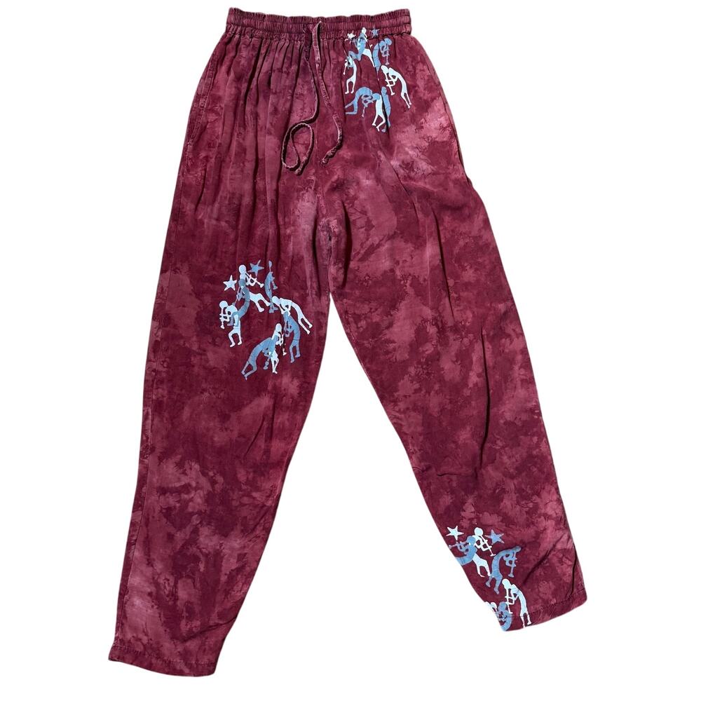Vintage Global Village Batiked Pull On Pants SZ M Boho Hippie Red Gray Pockets